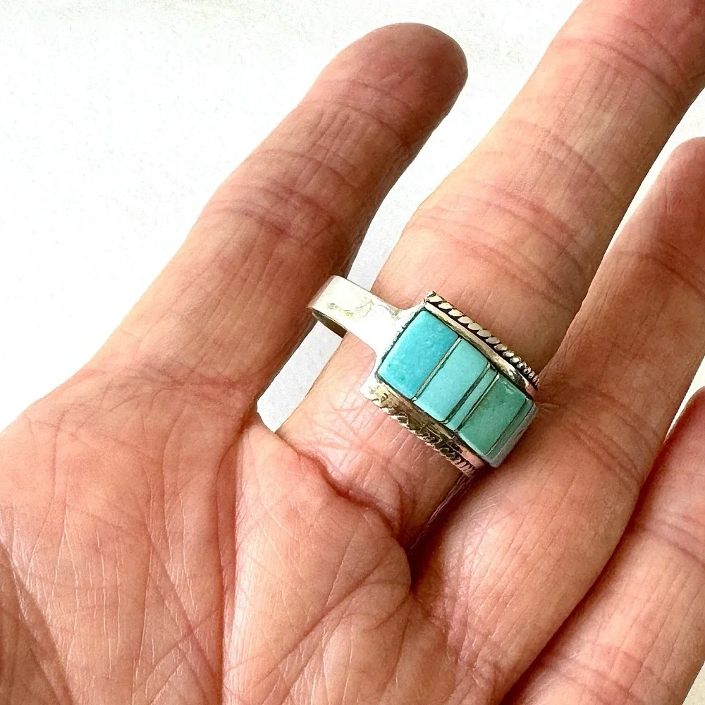 Mens Navajo Wedding Band 12 Ring Turquoise 12mm Inlay Signed Panteah Native Amer